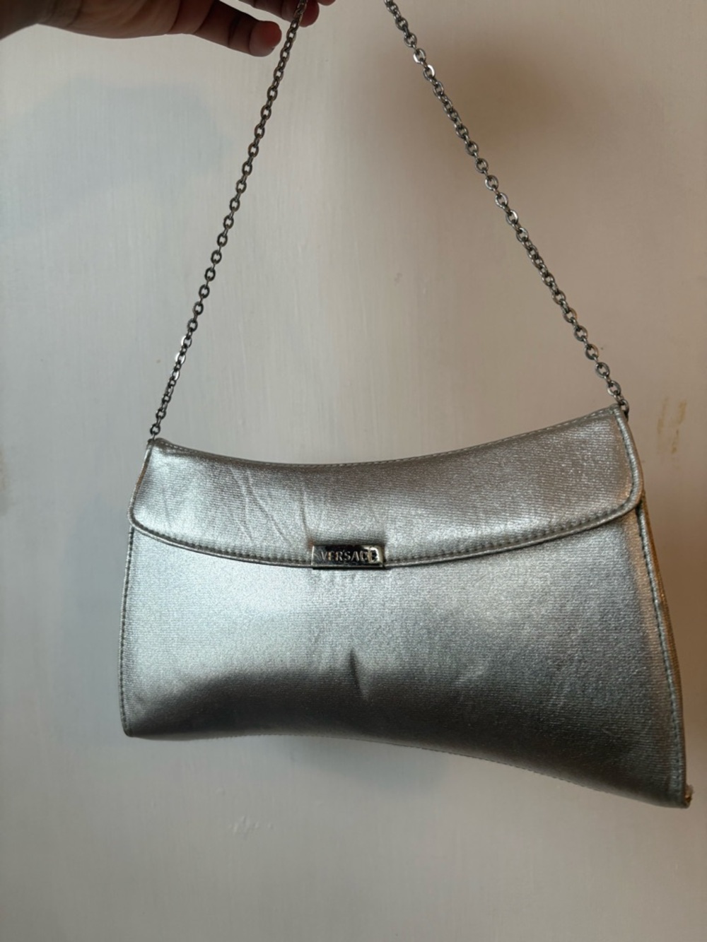 Versace Silver Metallic Chain Shoulder Clutch